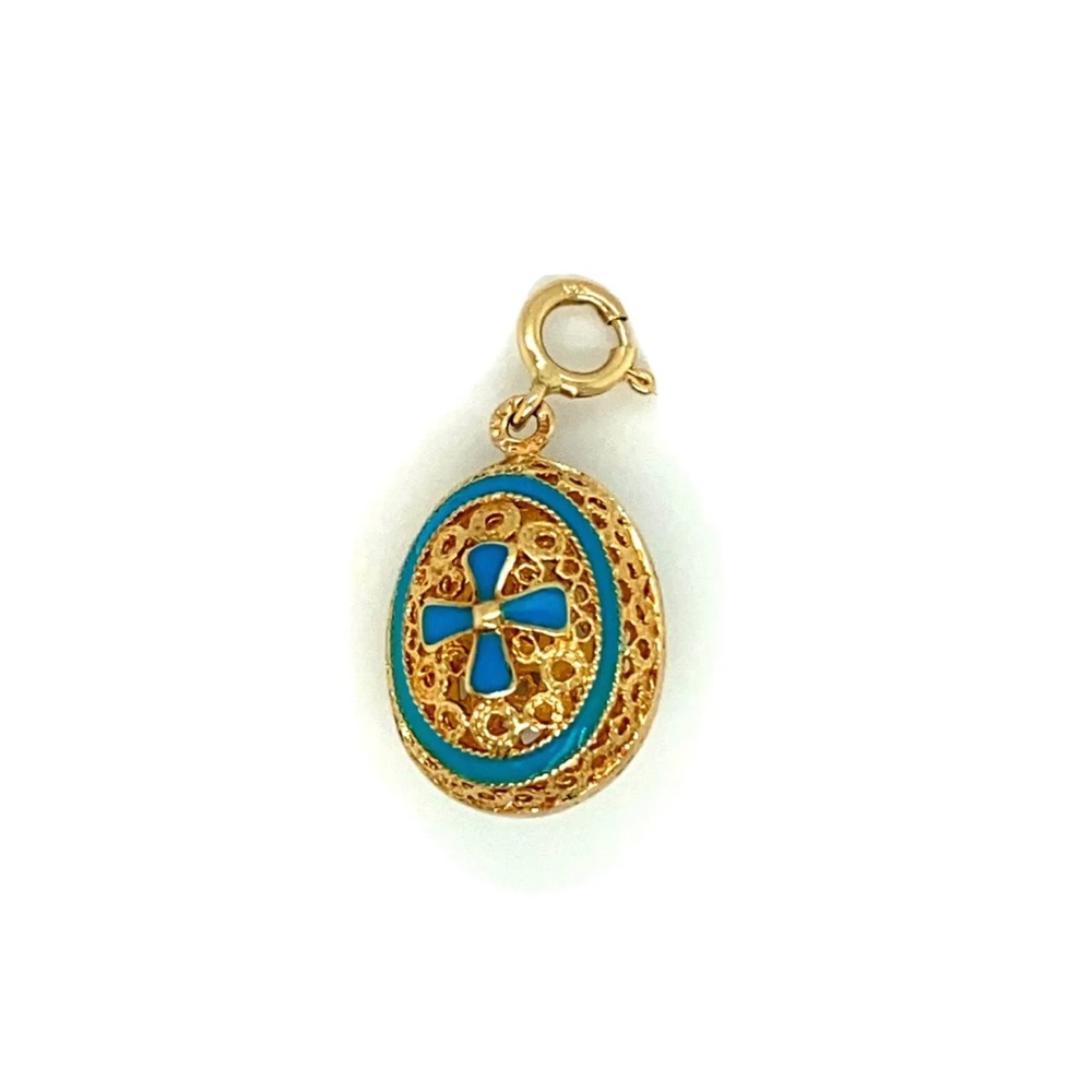 14k Egg Cross Charm  Blue Enamel Yellow Gold Charm Pendant